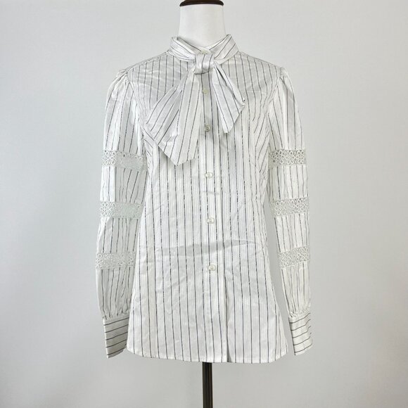 NWOT SEE BY CHLOÉ Embroidery Floral Tie-Neck Stripe Blouse Sz 40/8 Long Sleeves - Picture 2 of 13